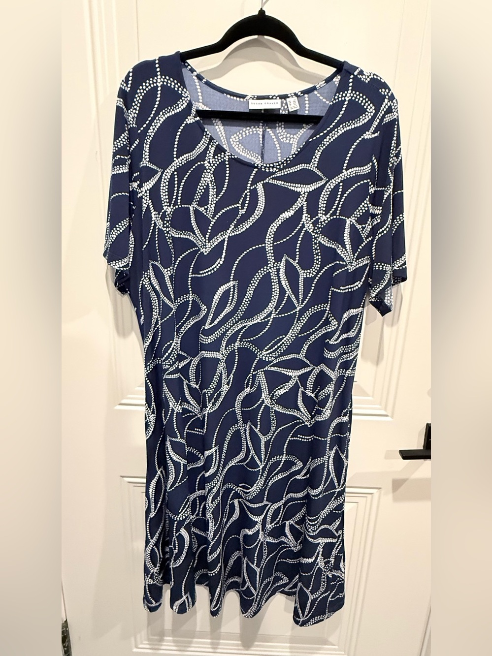 Susan Graver Navy and White Leaf-Print Midi Dress